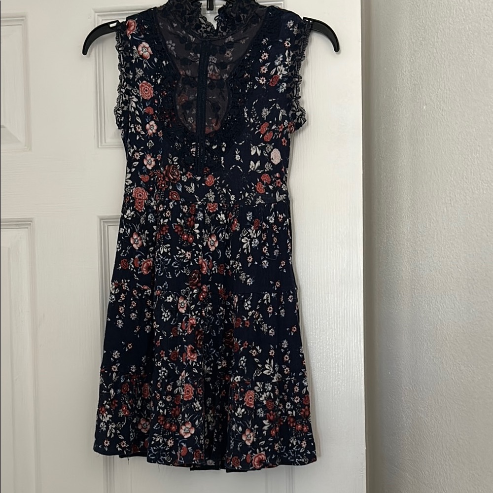 Navy Floral Lace-Yoke Dress